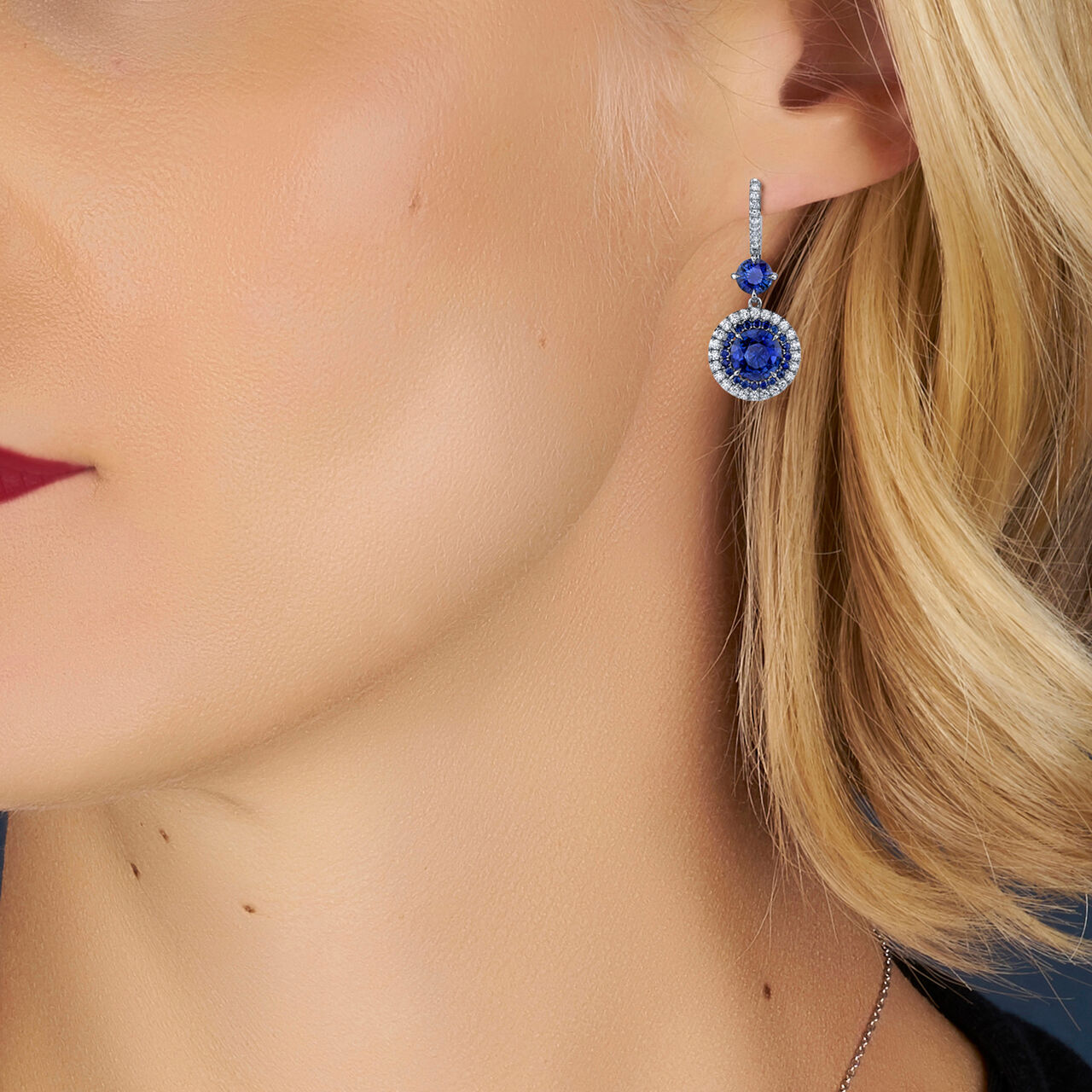 omi prive round sapphire and diamond drop earrings e1306 on model image number 1