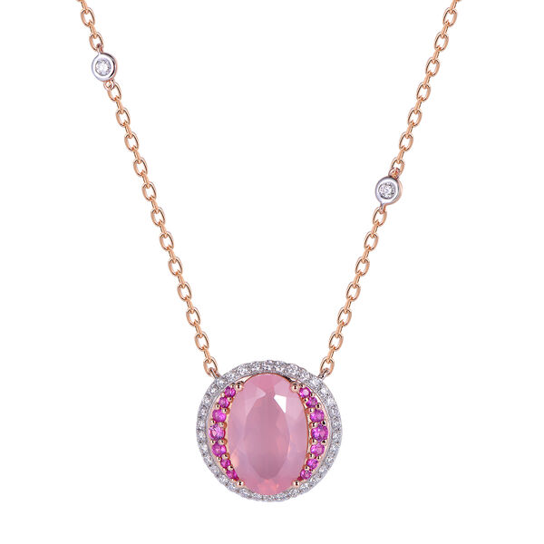 Pendentif Quartz Rose Avec Accents de Saphirs Rose et Diamants en Or Rose