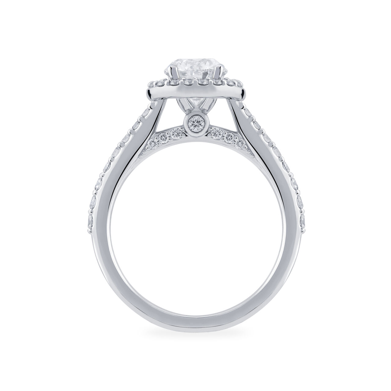 Bague de fiançailles à diamant ovale avec simple halo et anneau orné de diamants image number 2