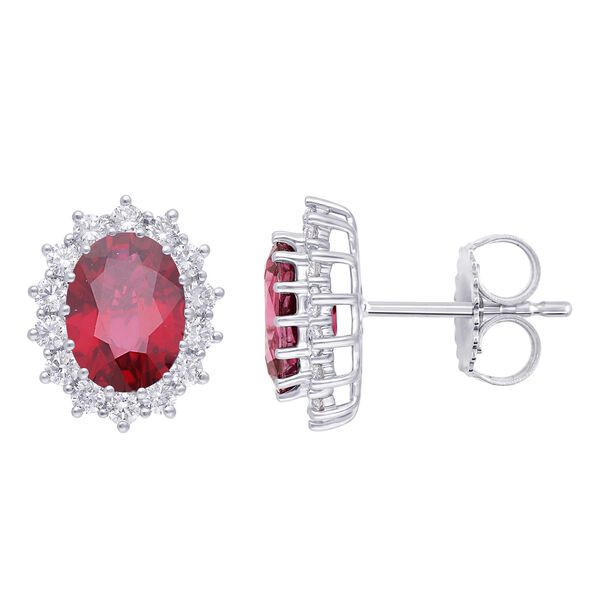 Oval Ruby and Sunburst Diamond Halo Stud Earrings