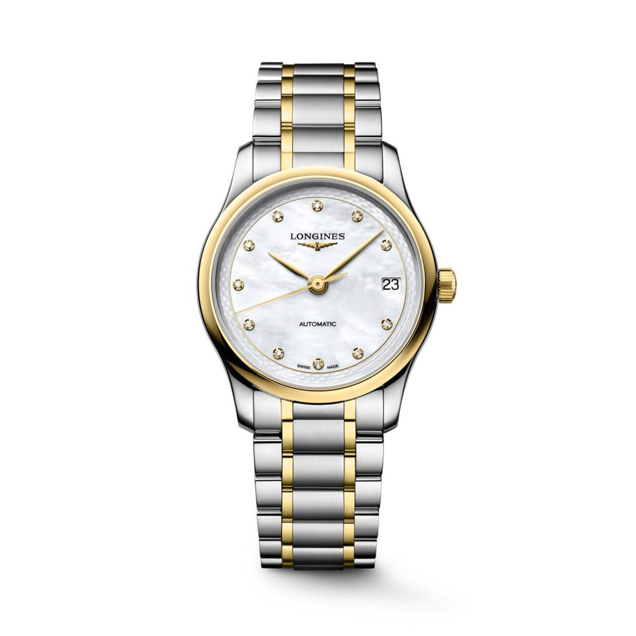 Longines Master 34 mm automatique en acier inoxydable, coiffe or jaune et diamants L2.450.5.87.7 image number 0