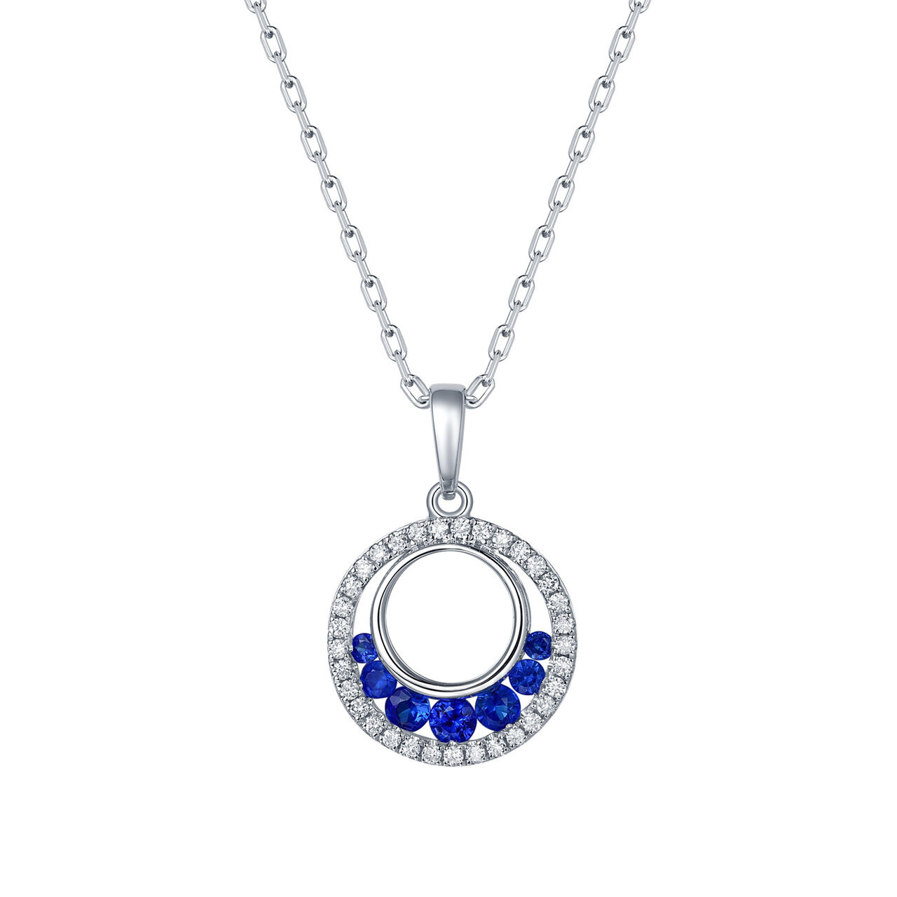 Pendentif Rond Saphirs et Diamants en Or Blanc image number 0