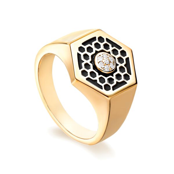 Black Enamel and Diamond Hexagon Signet Ring in Yellow Gold
