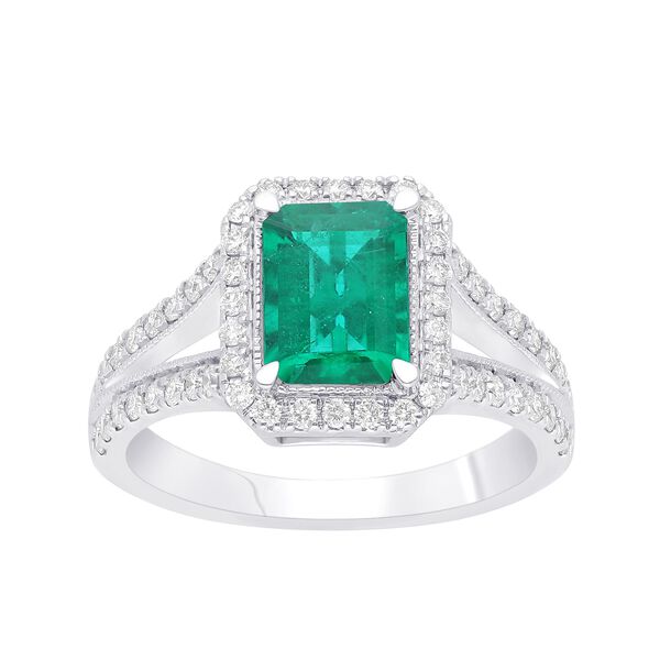 Emerald-Cut Emerald Diamond Halo Split Shank Ring