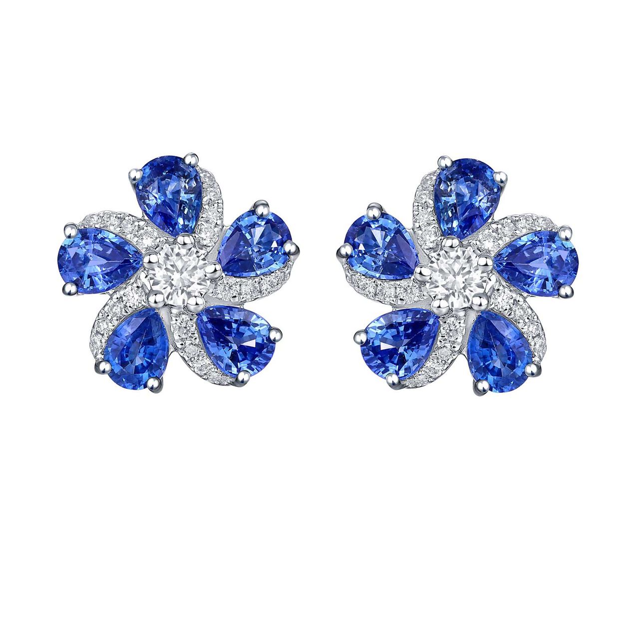 Blue Sapphire and Diamond Flower Earrings in White Gold image number 0