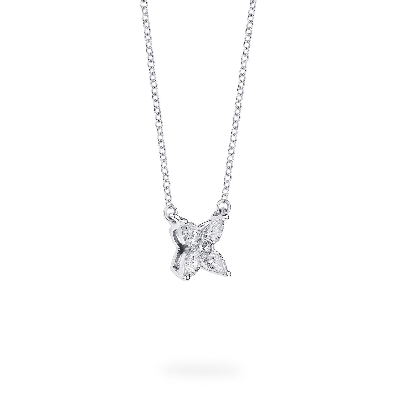 Side view of Birks Essentials Floral Diamond Necklace in 18K white gold image number 1