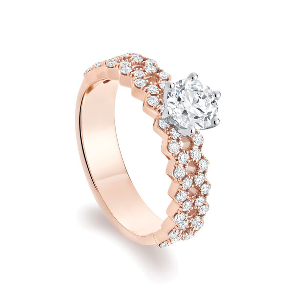 Bague de fiançailles à diamant solitaire rond avec anneau pavé en or rose sertie de diamants