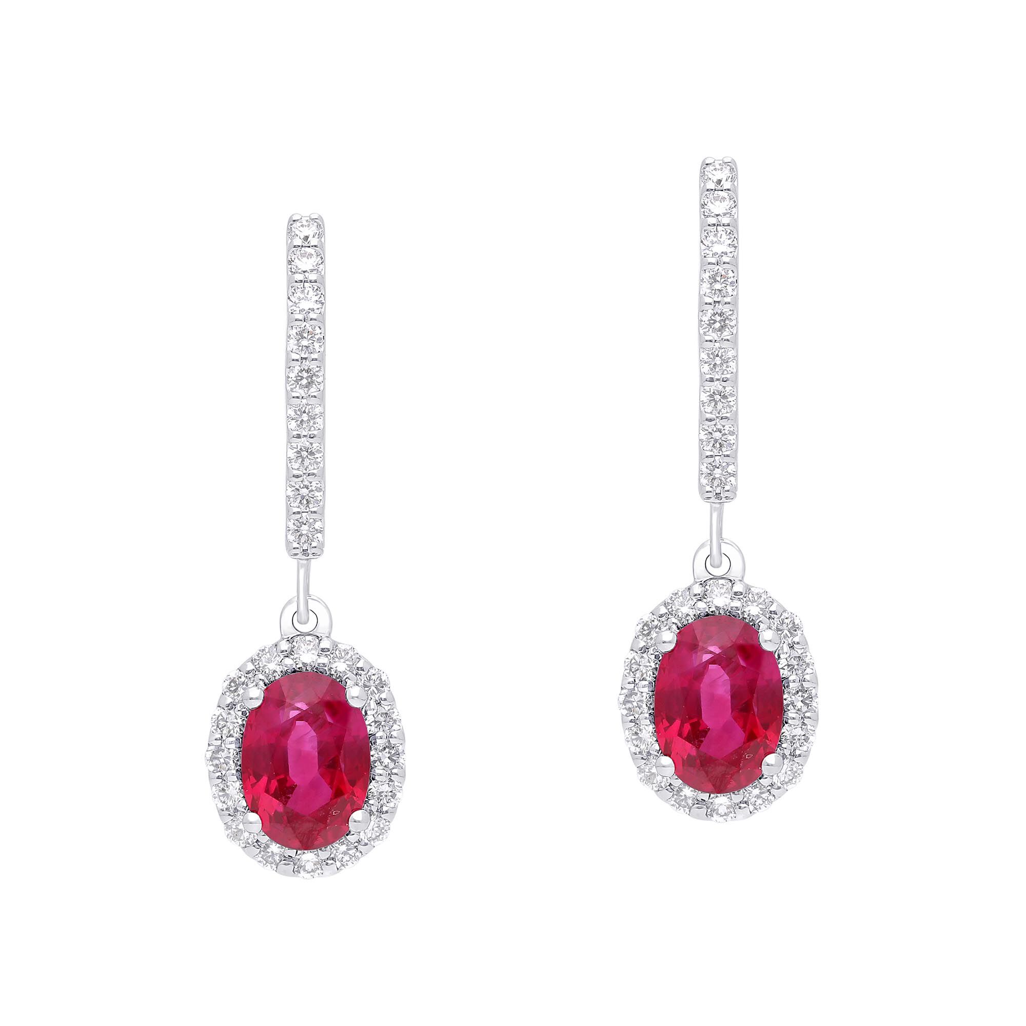 Salon Oval Ruby and Diamond Halo Dangle Earrings 18k White Gold 2.02ct