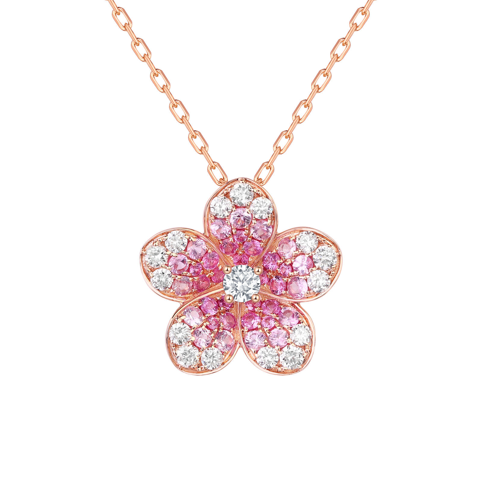 Pink Sapphire and Diamond Flower Pendant in Rose Gold