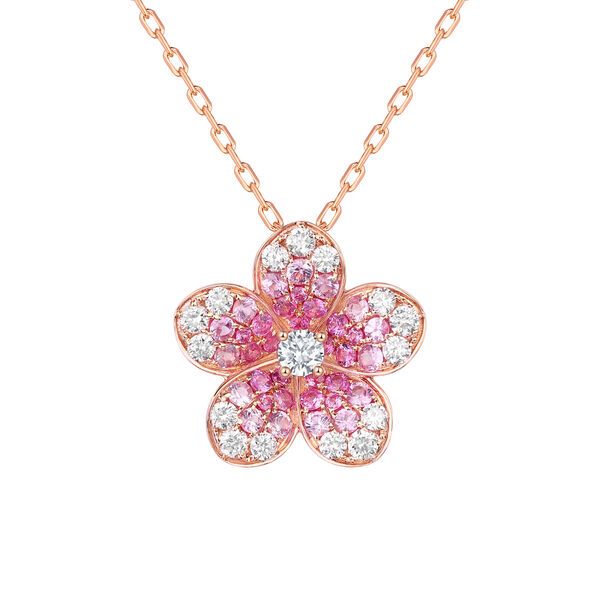 Pink Sapphire and Diamond Flower Pendant in Rose Gold