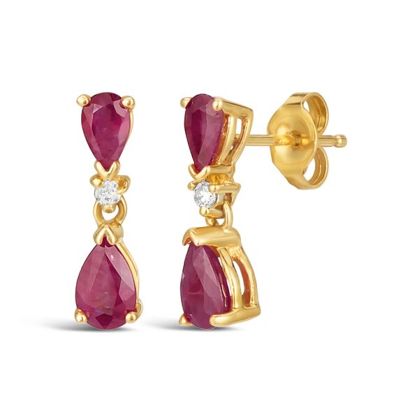 Boucles d'oreilles goutte en or jaune avec rubis et diamants