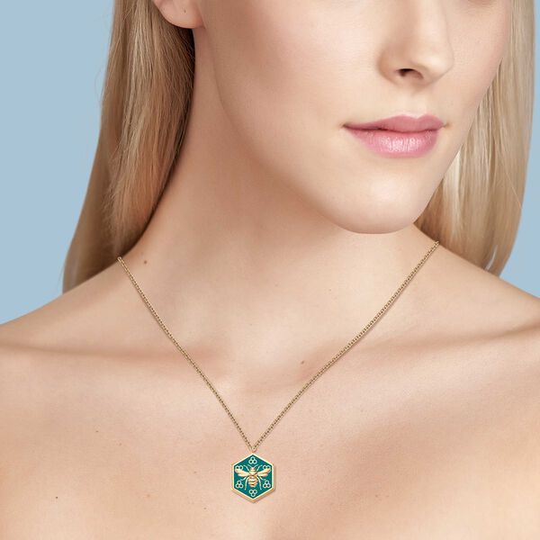 Large Teal Enamel and Yellow Gold Hexagon Medallion