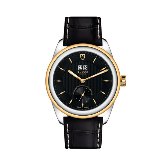 tudor glamour double date 42 mm steel and gold bezel black dial brown alligator strap m57103 0020 image number 0