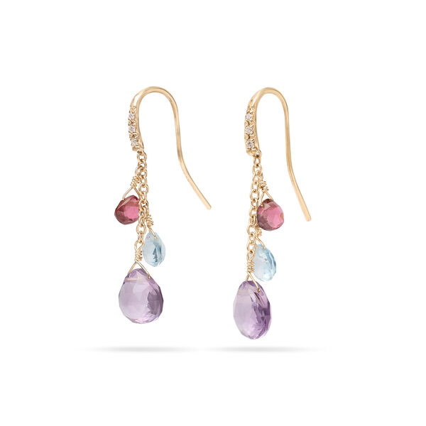 Boucles d'oreilles pendentives Paradise en or jaune avec diamants et pierres de couleur