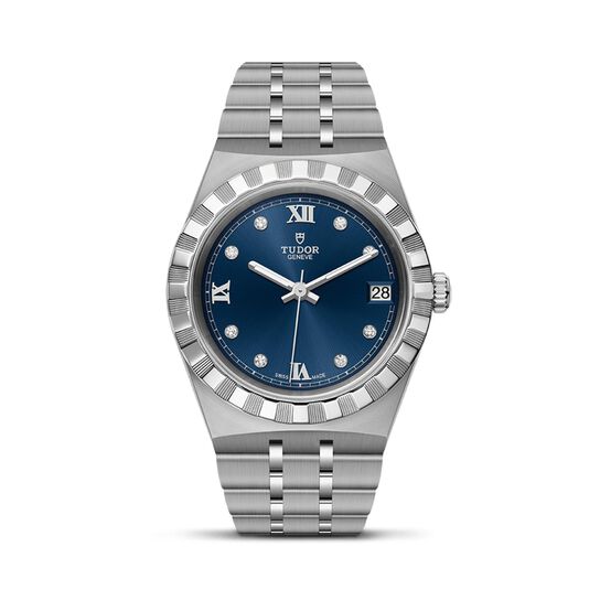 maison birks tudor royal 34 mm steel case blue diamond set dial steel bracelet m28400 0007 image number 0