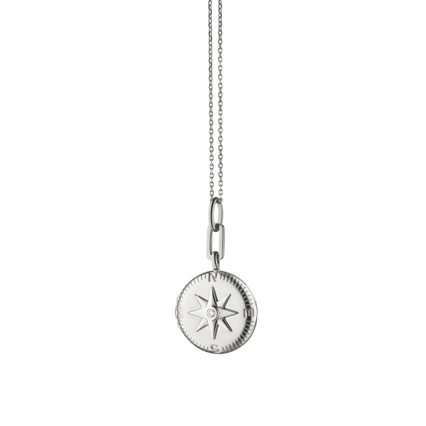 Silver Compass Locket with White Sapphire