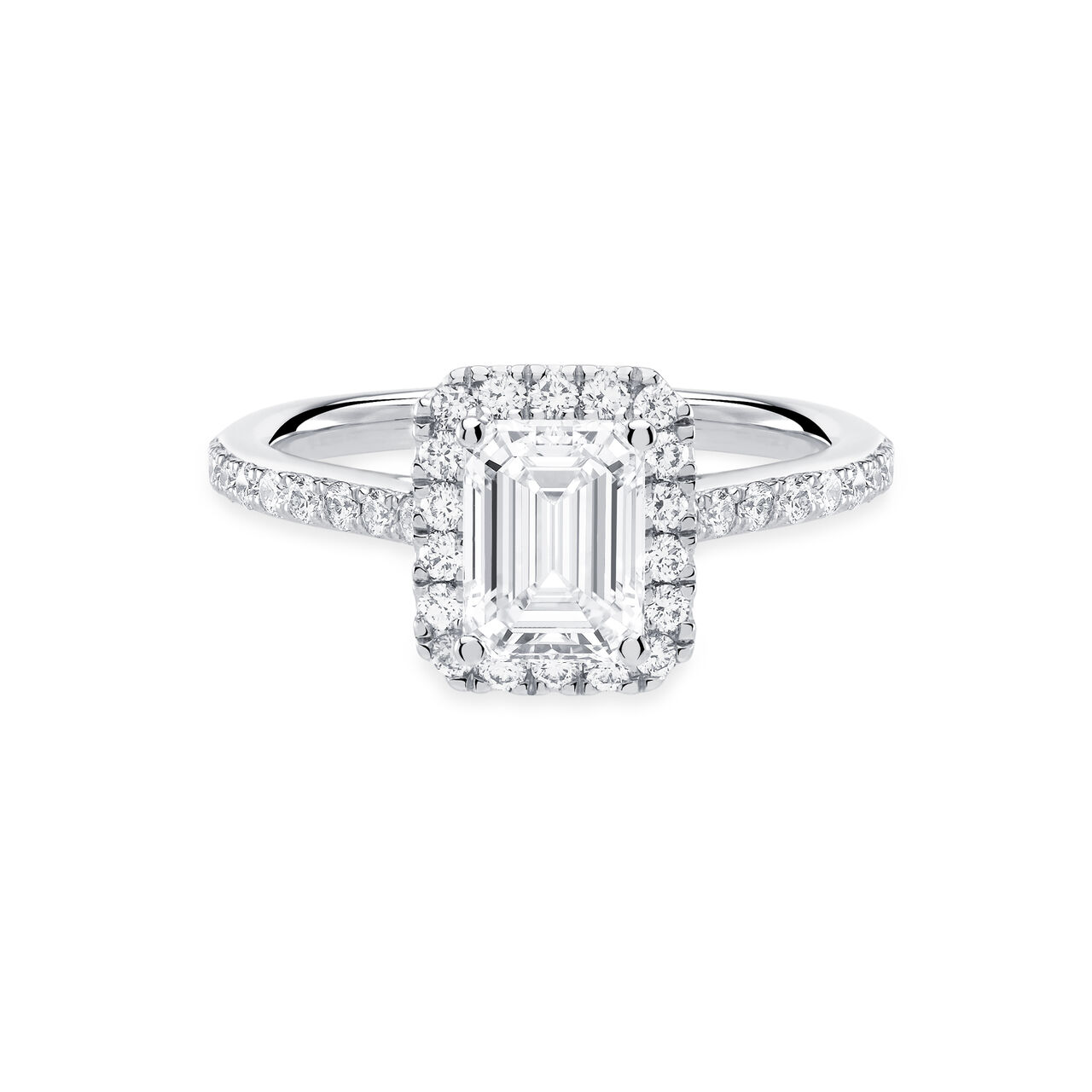 Birks Rosée du Matin Bague de fiançailles avec diamant de coupe émeraude à double halo pavé de diamants image number 0