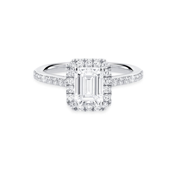 Platinum Emerald Cut Diamond Engagement Ring with Halo and Pavé Band