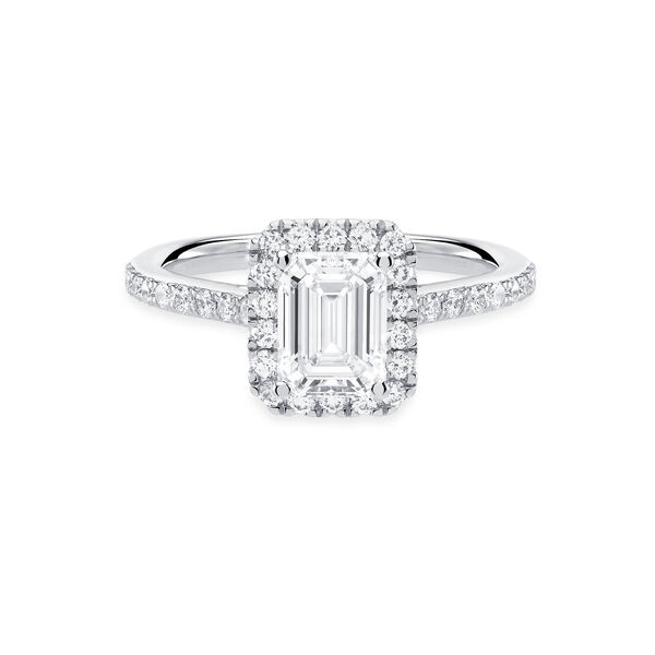 Bague de fiançailles avec diamant de coupe émeraude à double halo pavé de diamants