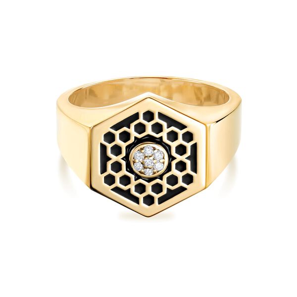 Chevalière hexagonale en or jaune et en émail noir avec diamant