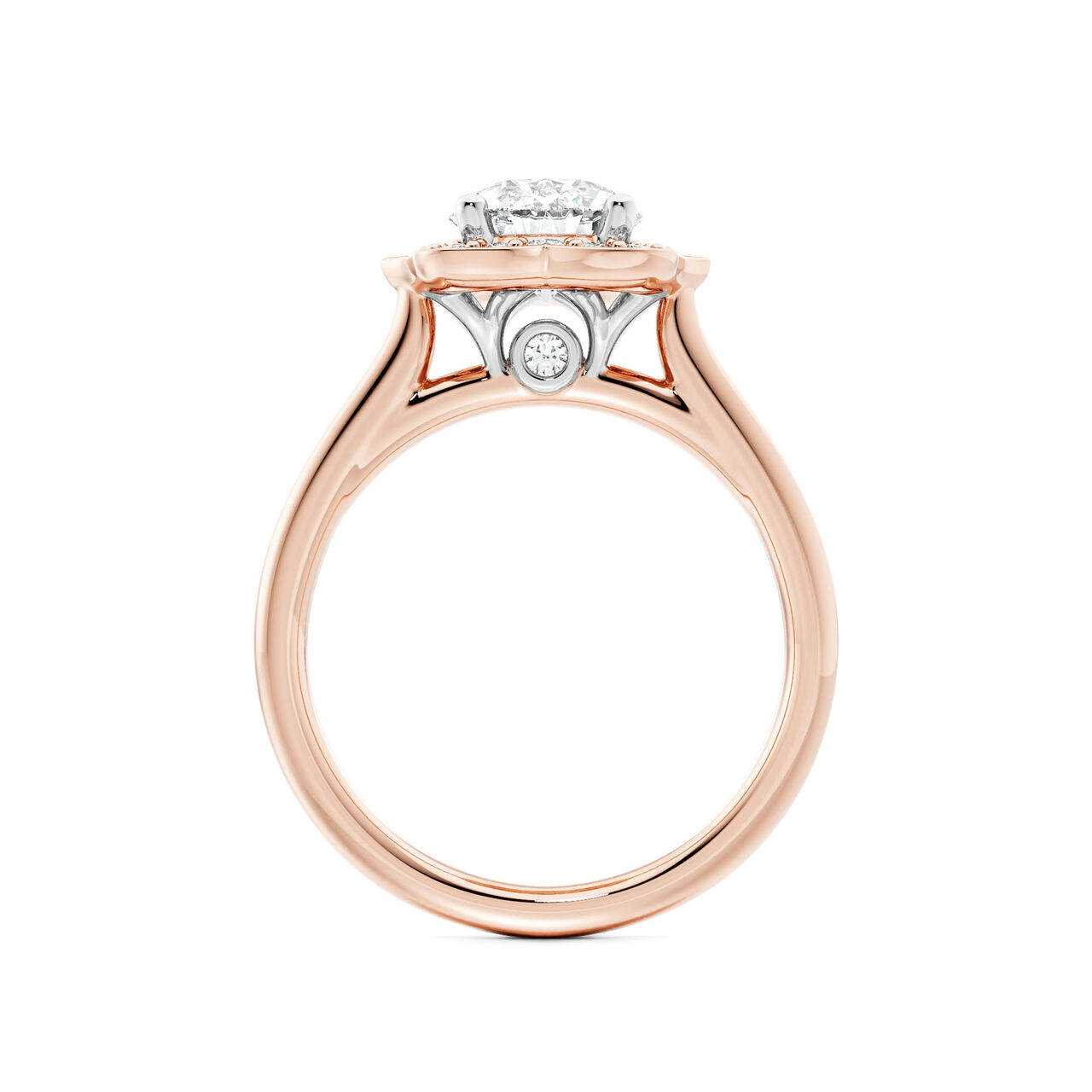 Birks 1879 Heirloom Round Solitaire Diamond Engagement Ring with Halo and Rose Gold Diamond Band image number 2