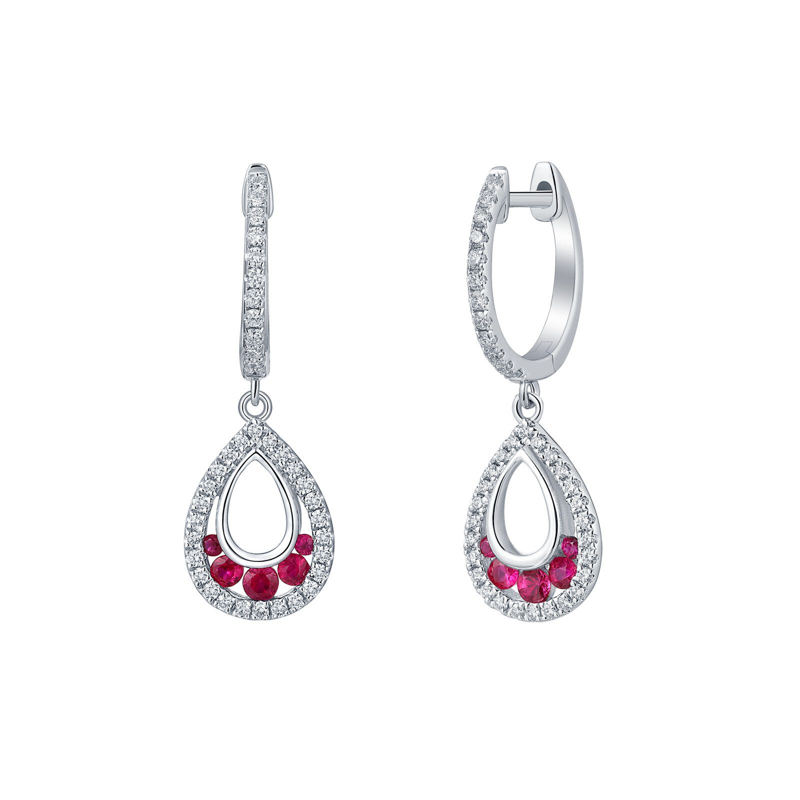 Ruby and Diamond Tear drop Earrings in White Gold