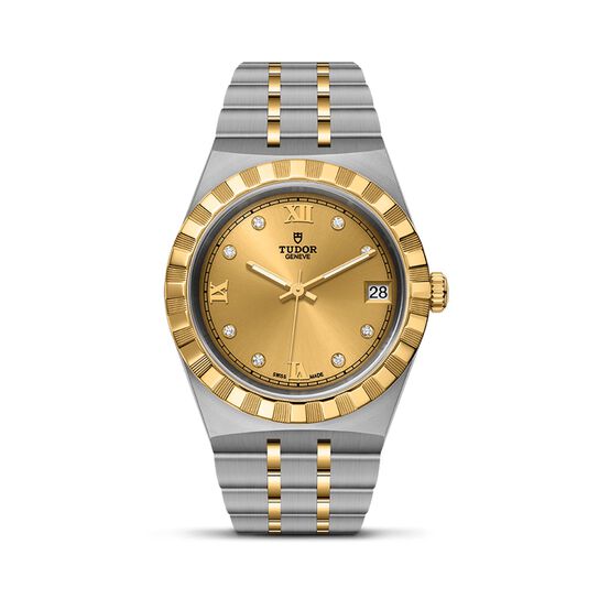 tudor royal 34 mm steel case champagne diamond set dial steel and gold bracelet m28403 0006 image number 0