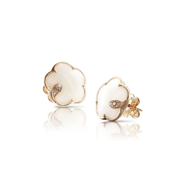 Boucles d'oreilles clous Petit Joli en or rose avec agate blanche et diamants