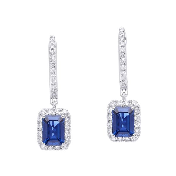Blue Sapphire Diamond Halo Dangle Hoops