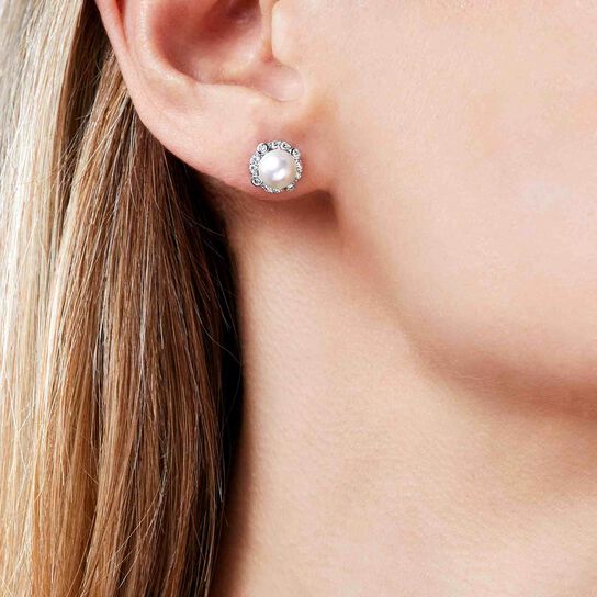 Yoko London Trend White Gold Pearl and Diamond Stud Earrings on model image number 1