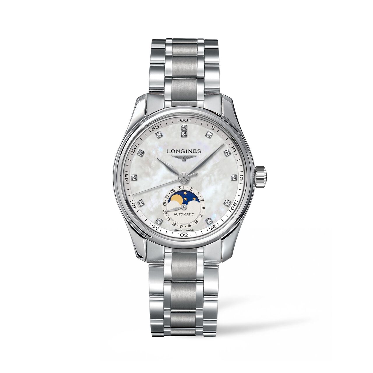 longines master automatic moonphase 34 mm steel diamond l2.409.4.87.6 front image number 0