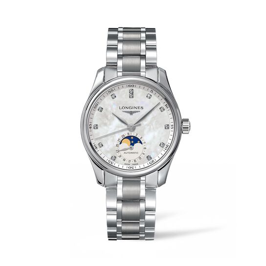 longines master automatic moonphase 34 mm steel diamond l2.409.4.87.6 front image number 0