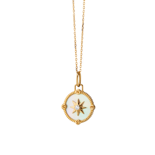 Pendentif Sun, Moon & Stars Mini Compass en or jaune avec nacre et diamants image number 0