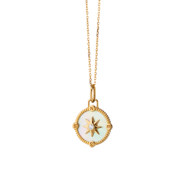 Sun, Moon & Stars Mini Compass Yellow Gold, Mother-of-Pearl and Diamond Pendant