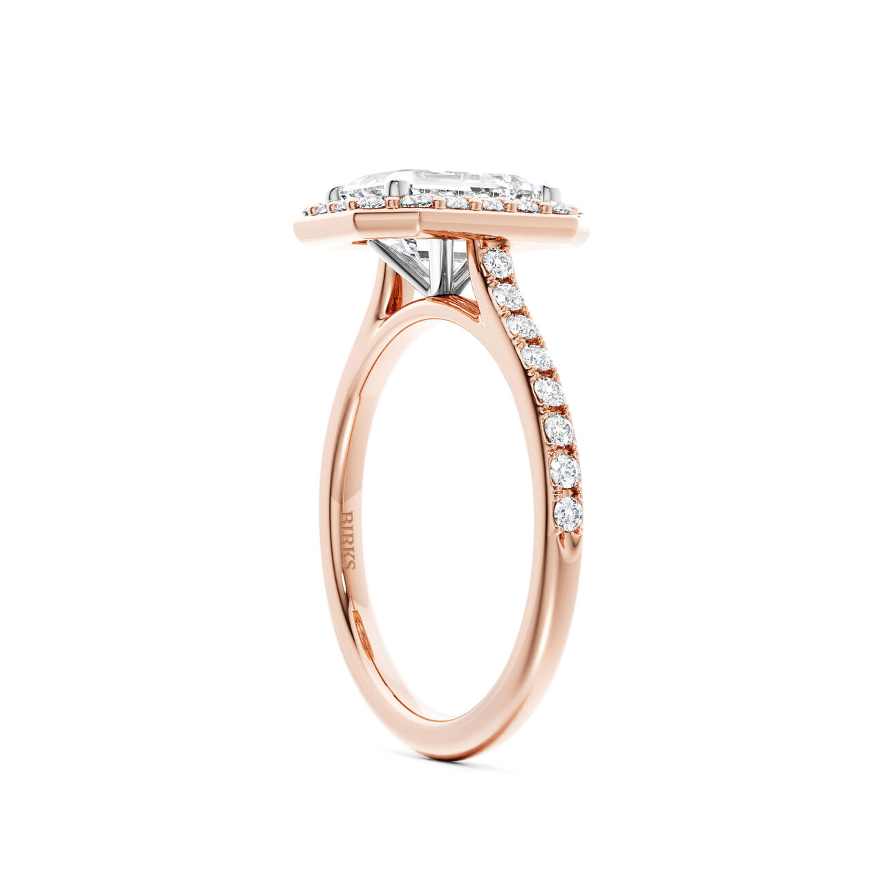 Birks Ros&eacute;e du Matin Rose Gold Emerald-Cut Diamond Engagement Ring with Halo and Pav&eacute; Band image number 1