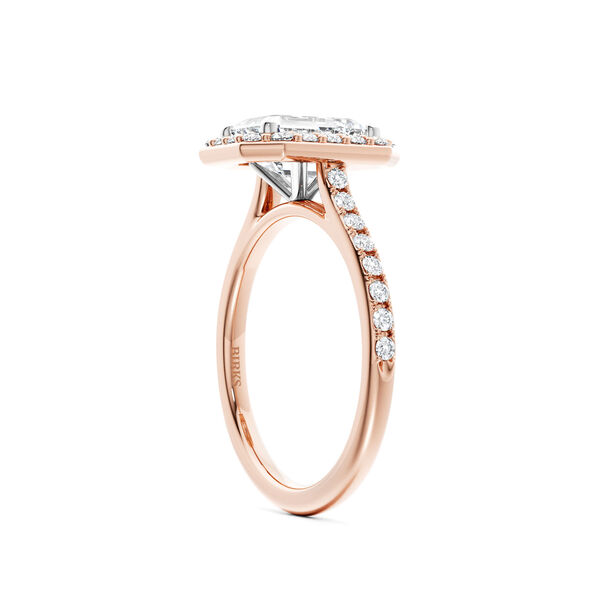 Rose Gold Emerald-Cut Diamond Engagement Ring with Halo and Pav&eacute; Band