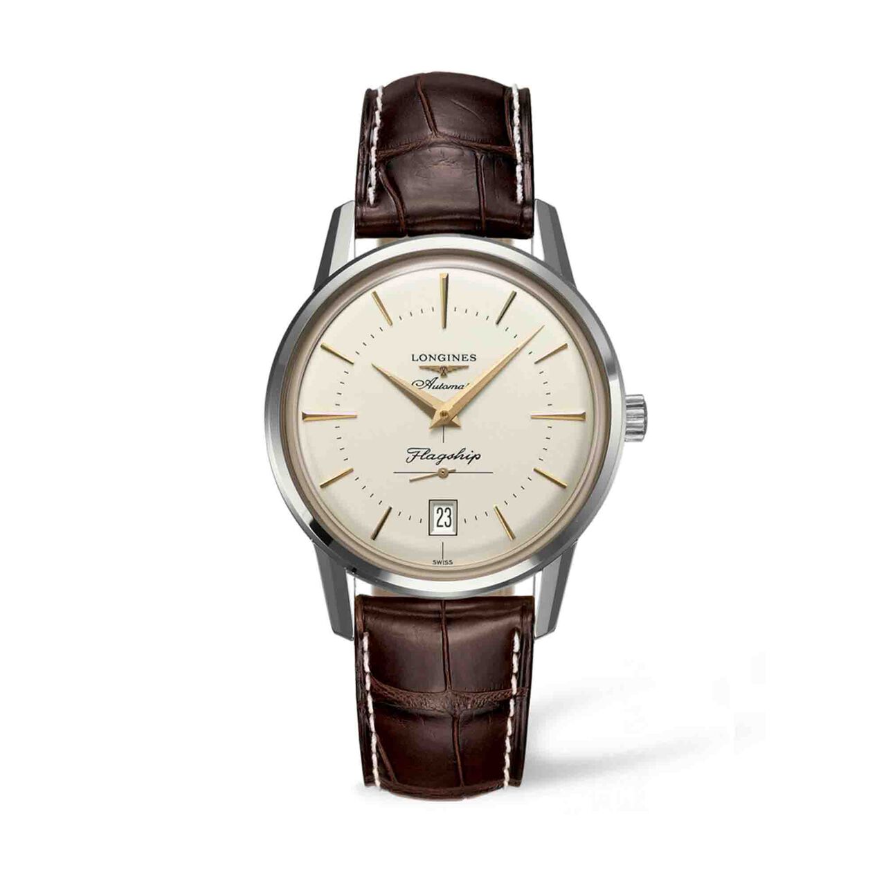 maison birks longines flagship heritage 38 5mm automatic silver dial brown alligator strap l47954782 image number 0