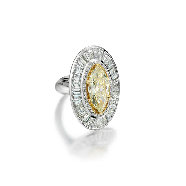 Yellow Diamond and Baguette-Cut Halo Ring