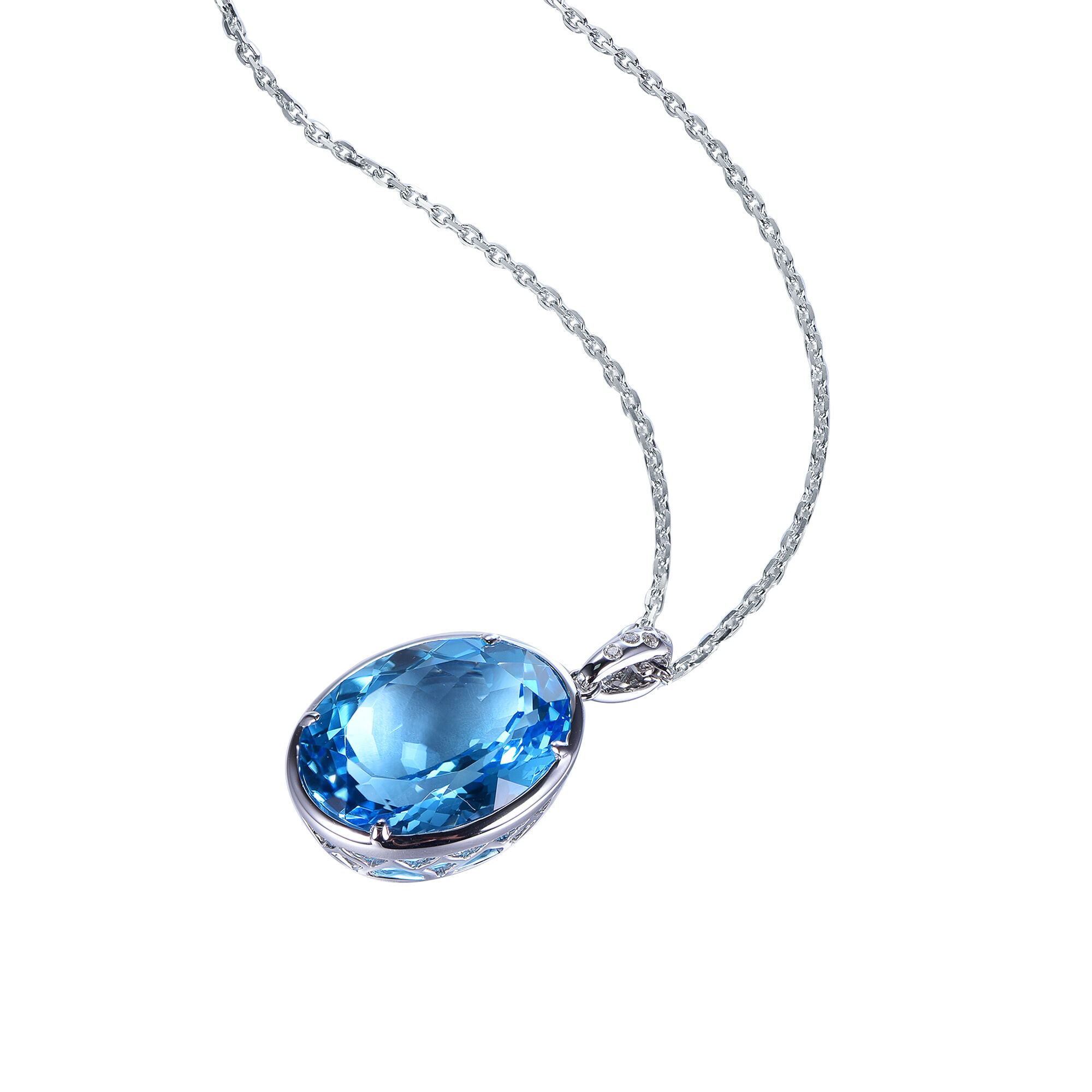 Oval Swiss Blue Topaz Pendant in White Gold