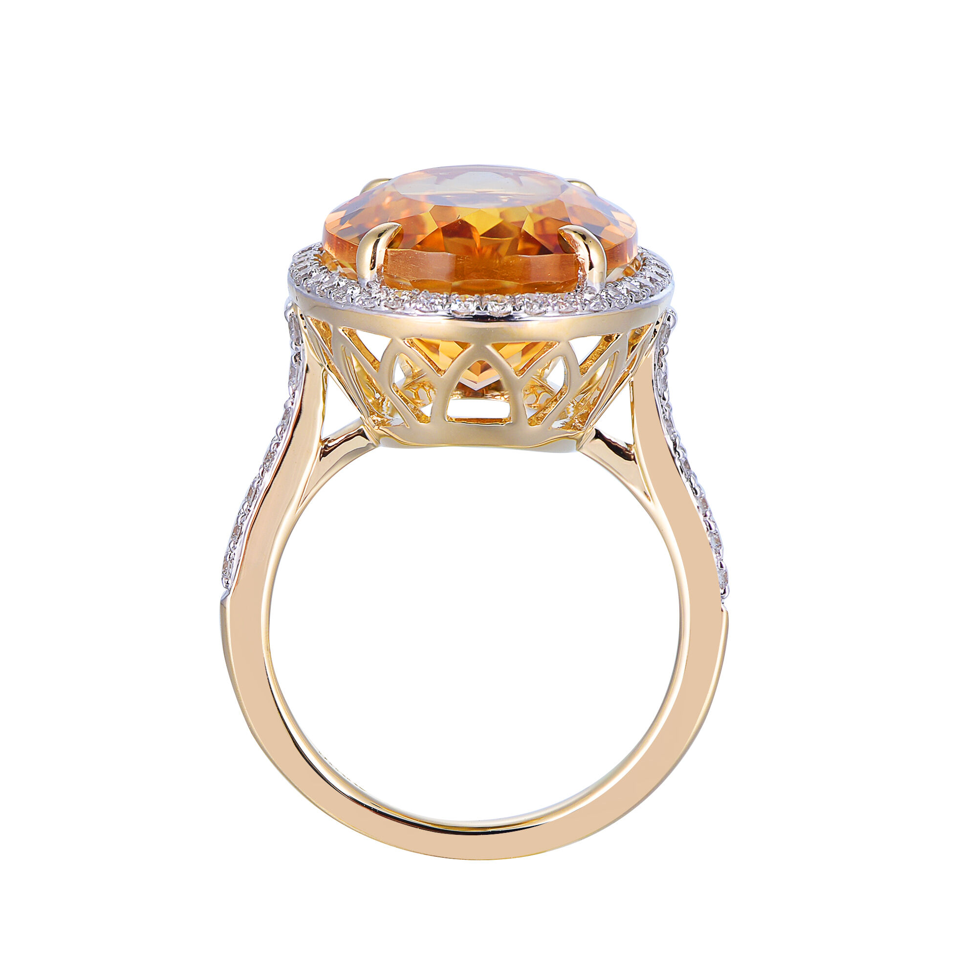 Oval Citrine Ring with Diamond Halo in Yellow Gold