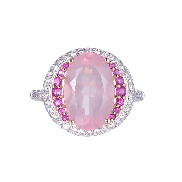Rose Quartz Ring with Pink Sapphire and Diamond Accents in Rose Gold