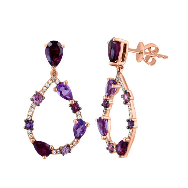 Pink Sapphire, Amethyst, and Rhodolite Earrings with Diamond Accents
