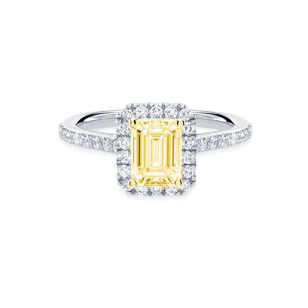 Bague de fiançailles avec diamant jaune de coupe émeraude à halo et anneau pavé de diamants