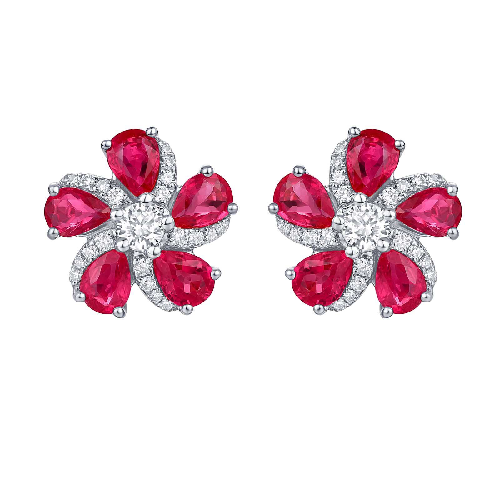 Ruby and Diamond Flower Earrings in White Gold