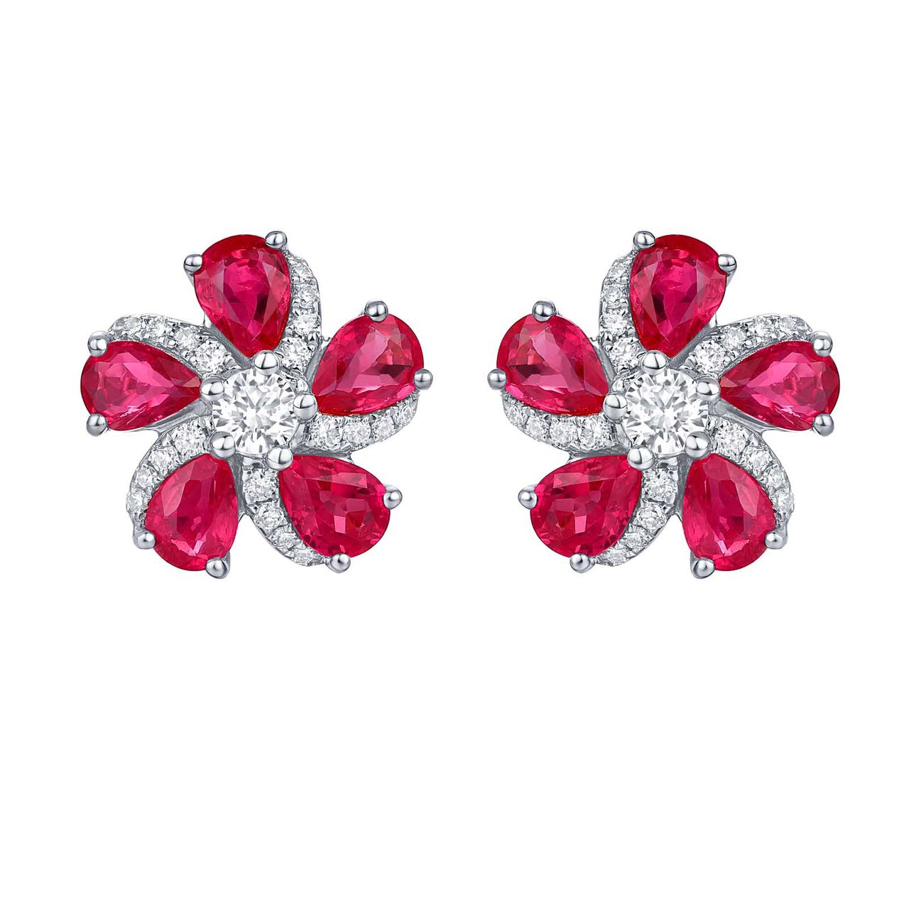 Salon boucles d'oreilles fleur de rubis et diamants en or blanc image number 0