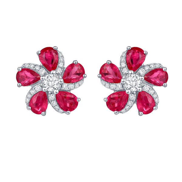 Boucles d'oreilles fleur de rubis et diamants en or blanc