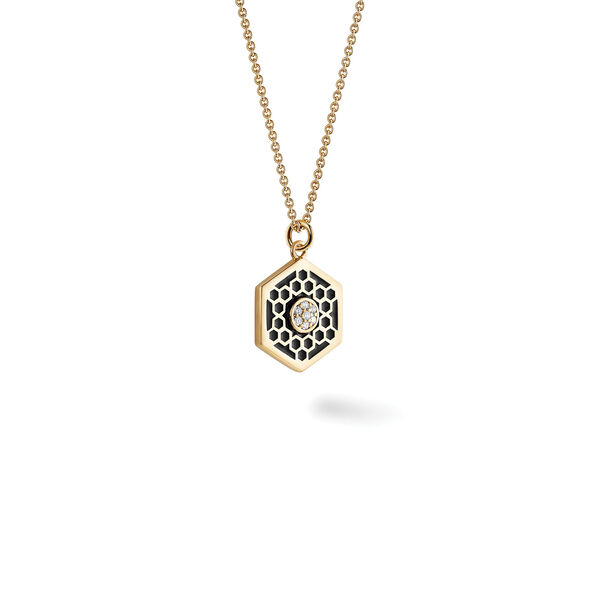 Médaillon hexagonal de taille moyenne en or jaune et en émail noir avec diamant