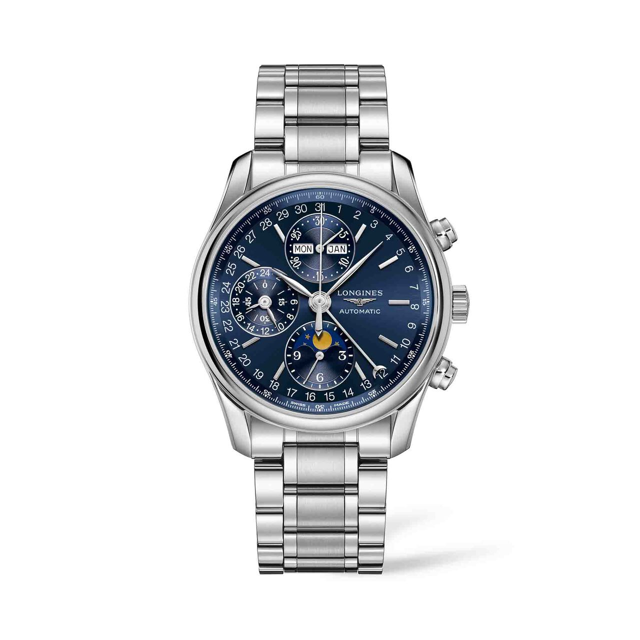 the longines master collection 38 5mm automatic chronograph steel sunray blue dial l26734926 image number 0