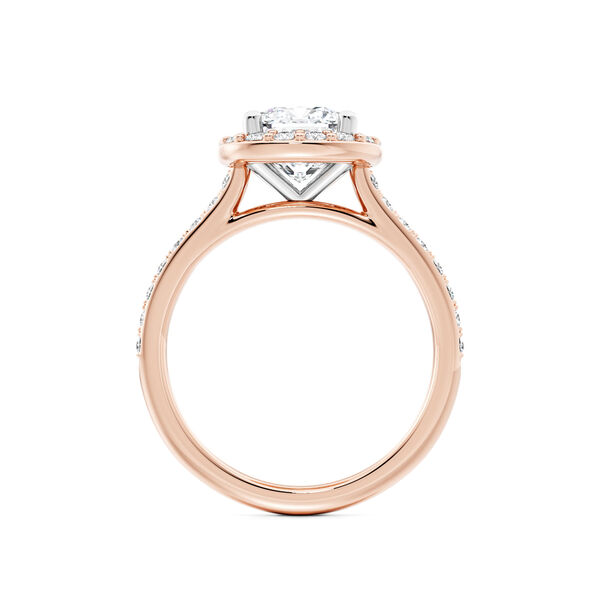 Cushion-Cut Diamond Engagement Ring with Halo and Pav&eacute; Band in Rose Gold