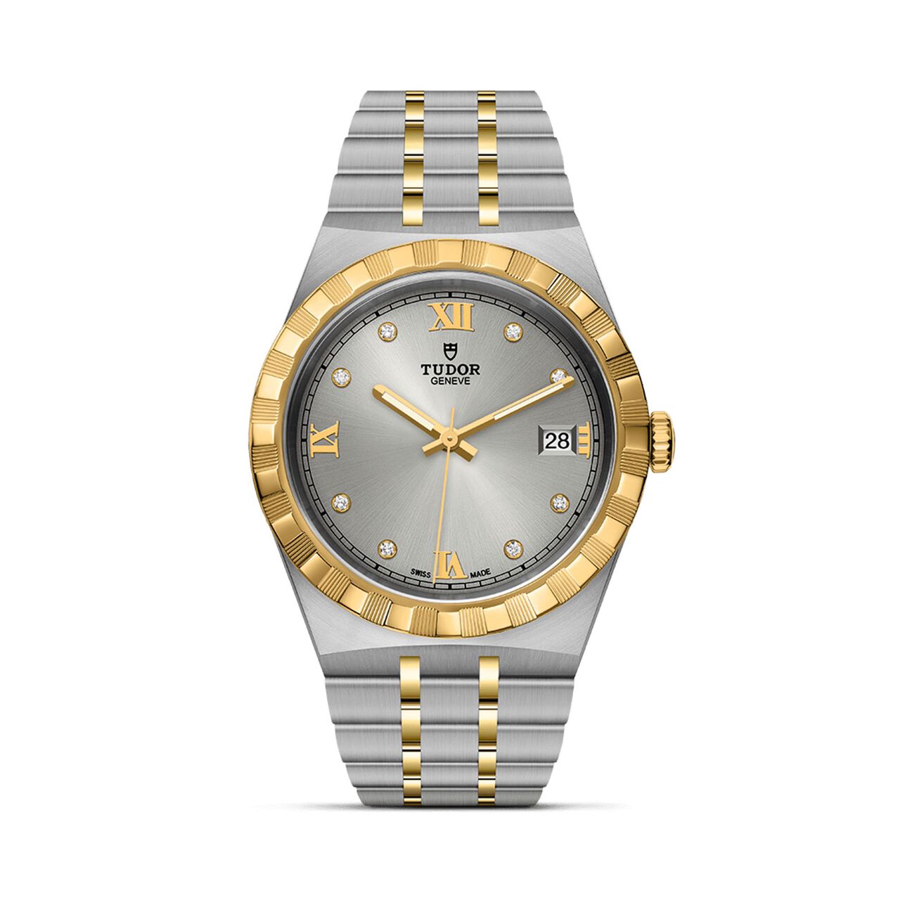 tudor royal 38 mm steel case silver diamond set dial steel and gold bracelet m28503 0002 image number 0